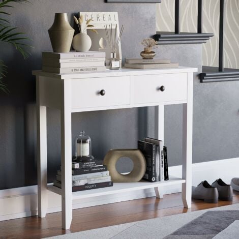 Windsor 2 Drawer Console Table With Shelf Side End Hallway Table, White