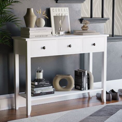 Windsor 3 Drawer Console Table With Shelf Side End Hallway Table, White
