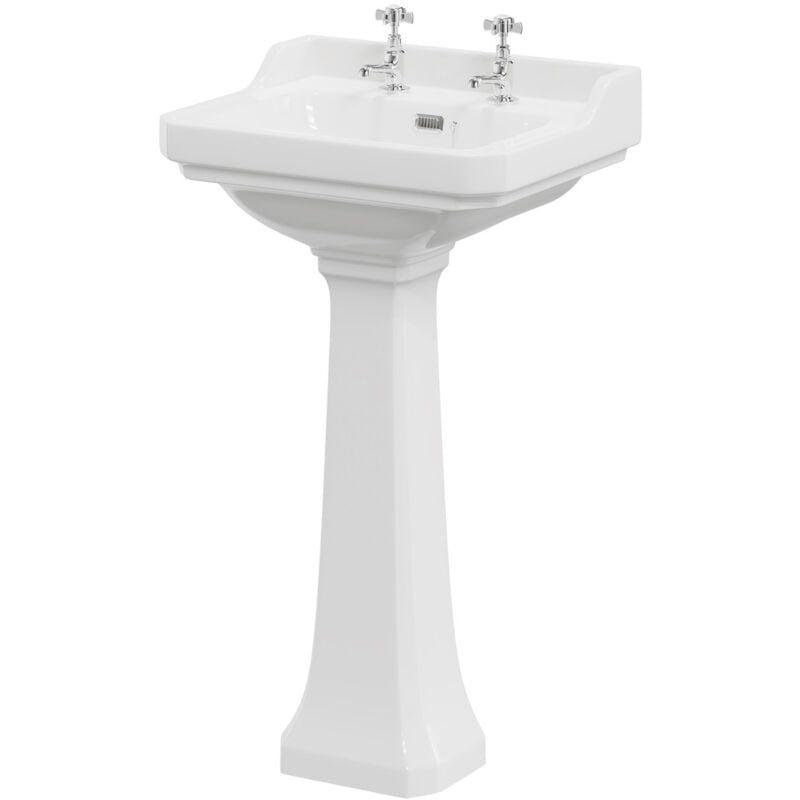 Windsor Traditional 560mm Basin with 2 Tap Holes and Full Pedestal - White