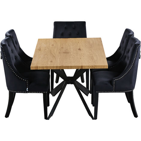 Windsor & Duke LUX Dining Set | Modern Table | Velvet Tufted Chairs | Door Knocker Chair | OAK/BLACK & BLACK