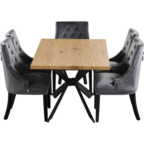 Windsor & Duke LUX Dining Set | Modern Table | Velvet Tufted Chairs | Door Knocker Chair | OAK/BLACK & DARK GREY
