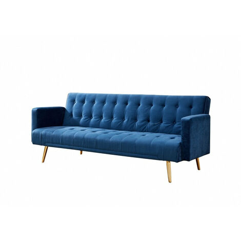 Windsor Luxury Velvet Fabric Sofa Bed, Blue with Gold Legs