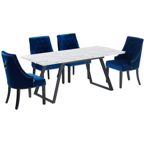 Windsor & Toga LUX Dining Set | Modern Table | Velvet Tufted Chairs | Door Knocker Chair | WHITE/BLACK & ROYAL BLUE