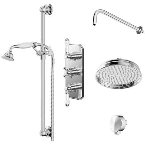 Windsor Traditional Polished Chrome Concealed Triple Thermostatic Shower Valve and 210mm Round Fixed Head with Wall Arm and Slide Rail Kit with Round Elbow - 2 Outlet