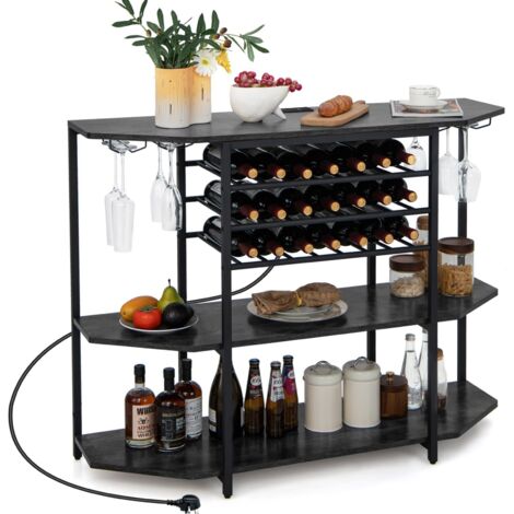 Wine Bar Cabinet 3 Tier Industrial Wine Rack with Storage Shelves Glass Holder