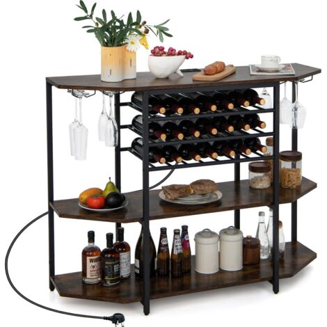 Wine Bar Cabinet 3 Tier Industrial Wine Rack with Storage Shelves Glass Holder