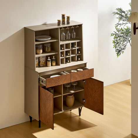 Wine Cabinet with Wine Rack, 7-Tier Bar Cabinet with 2 Drawers & Glass Holders, Industrial Kitchen Buffet Sideboard for Dining Room Brown