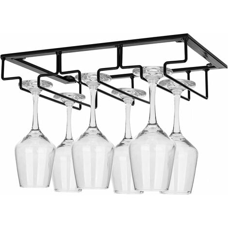 Wine Glass Holder Glass Holder Wine Glass Rack - Iron Stemmed Glasses Holder Under Cabinet, 3 Rails Wine Glass Holder for Bar Kitchen Home, Black