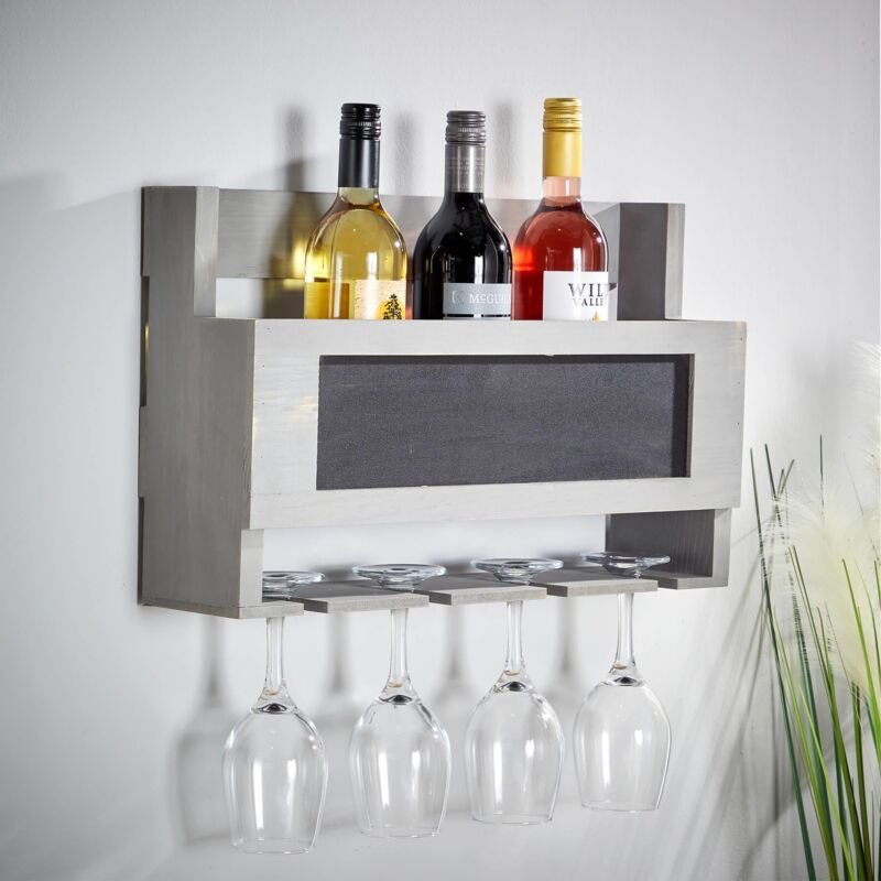 Wine Rack and Glass Holder Grey Wooden Organiser Chalkboard Front Kitchen Unit