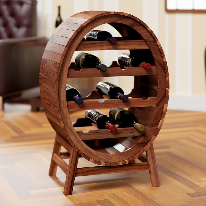 Deuba Wooden Wine Rack Barrel Shape 12 Bottles Holder Stand Storage Wood Free Standing Display Cabinet Shelves