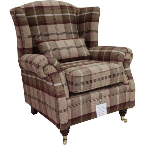 main image of "Wing Chair Fireside High Back Armchair Balmoral Mulberry Check Fabric P&S"