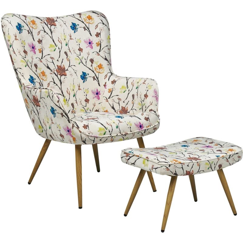 Wingback Mid-Century Modern Upholstered Floral Armchair Ottoman Set Cream Vejle ii