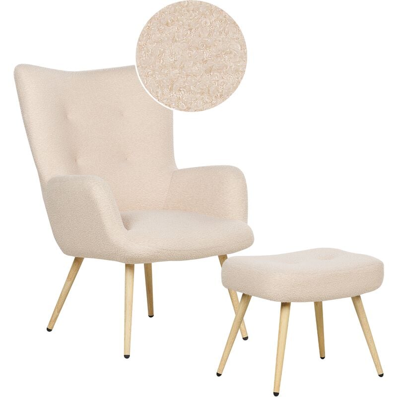 Beliani - Wingback Mid-Century Modern Boucle Upholstered Armchair Ottoman Set Beige Vejle ii