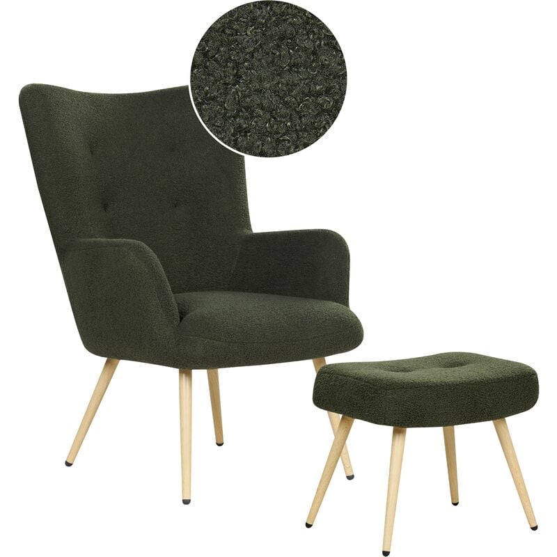 Beliani - Wingback Mid-Century Modern Boucle Upholstered Armchair Ottoman Set Dark Green Vejle ii