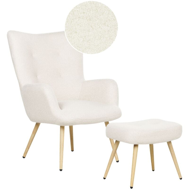 Beliani - Wingback Mid-Century Modern Boucle Upholstered Armchair Ottoman Set Off White Vejle ii