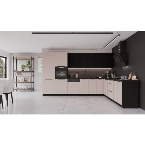 Winkelküche Arona 280x270cm Eckküche - Kaschmir Beige Mit Schwarz Arbeitsplatte