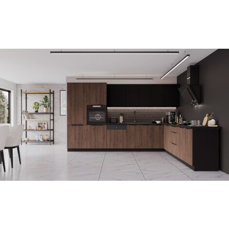 Winkelküche MONZA + SIENA 350x290 cm Küchenzeile Eckküche Küche Nußbaum Schwarz