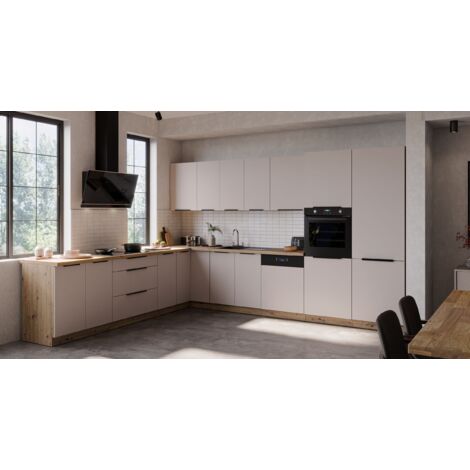 Winkelküche SOLANO 290x350 cm Küchenzeile Eckküche Einbauküche Küche Kaschmir beige matt + Eiche Artisan matt
