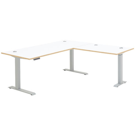 Winkelschreibtisch, höhenverstellbar 64-129cm, weiß mit Eiche, MANRESA-36