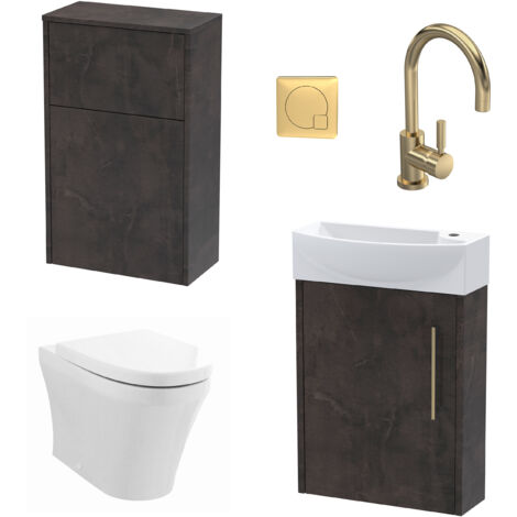 Winshill Cloakroom Bundle - Left Wall Hung Vanity Unit, Concealed Cistern WC Unit, Toilet & Tap, 440mm - Slate/Brass - Balterley