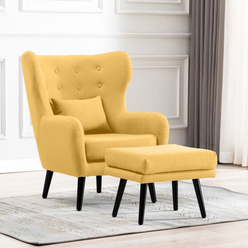 Winslow Wing Back Occasional Fabric Lounge Accent Chair Living Room Armchair Mustard with Footstool - Mustard with Footstool - Mustard