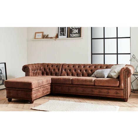 Winston - canapé d'angle chesterfield - 4 places - style industriel - gauche - marron