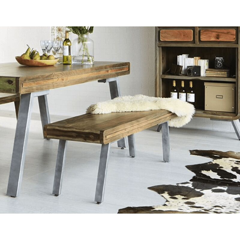 Dining Seat Bench Kitchen Furniture Solid Mango Wood Metal Legs Chair Seating - Natural