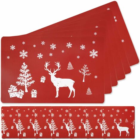 Winter Holiday Christmas Placemat Washable Table Place Mat Sets of 6 Plus 6 Cup Mats for Kids-Elk, Christmas Tree