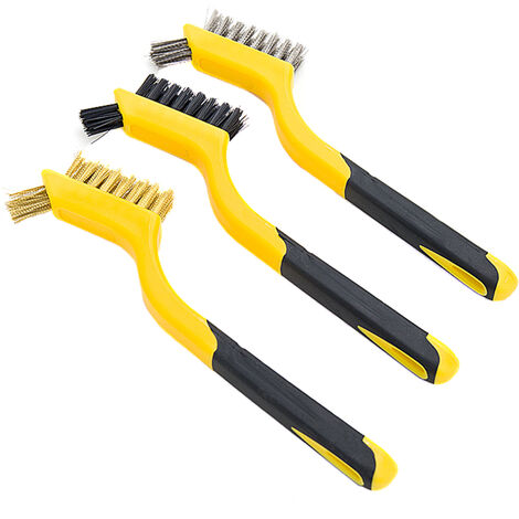 Wire Brush Set 3 Pcs Brass/ Stainless Steel/ Nylon Wire Brushes with Curved Handle Grip for Dirt Paint Scrubbing Rust Removal,model: 3 Pcs