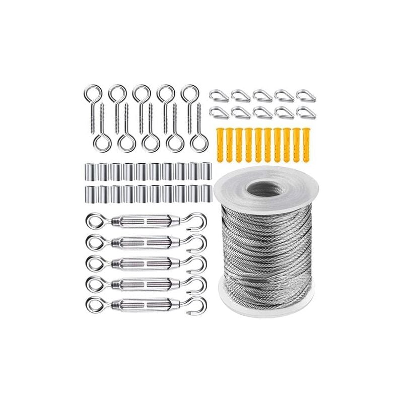 Ugreat - Wire Rope Kit, Garden Steel Cable Tensioner, Stainless Steel Hanging Rope Kit, 50m Nylon Coated Stainless Steel Cable for Clothesline Tent