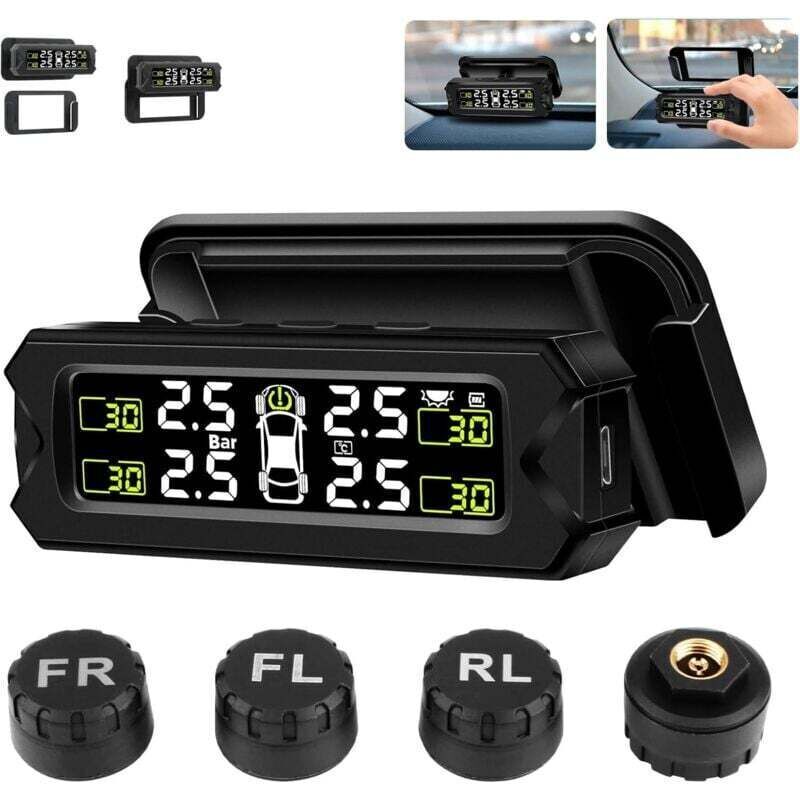Wireless 14-87 PSI Tire Pressure Monitoring System – Adjustable Angle – 4 Sensors – Solar and USB Charging – Real-Time Detection