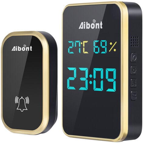 Wireless Doorbell Battery-Free ABS Outdoor Waterproof Automatic No Batteries, Temperature, Humidity and Time Display - Black