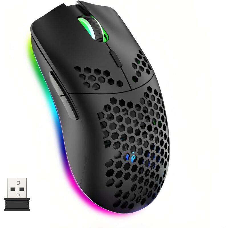 Wireless gaming mouse with honeycomb design, RGB gaming mouse with lightweight housing and high-precision optical sensor, adjustable up to 3200 DPI,