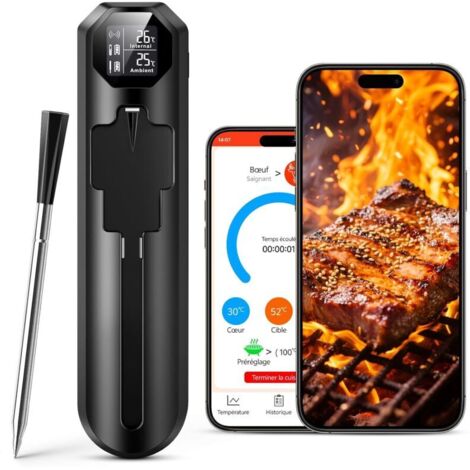 Wireless Kitchen Thermometer, Cooking Thermometer with App and Dual Sensor, 150m Bluetooth Meat Thermometer, Type-C Charging Culinary Thermometer for BBQ, Grill, Smoker, Oven, Sous Vide