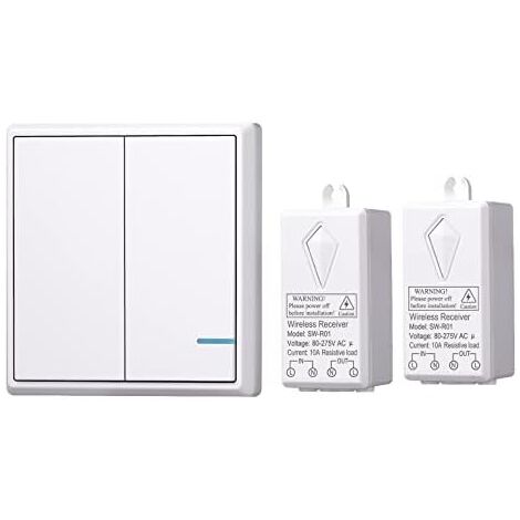 Wireless Light Switch Kit, 1 Dual Switch + 2 Receivers, No Wiring Required, Easy to Install