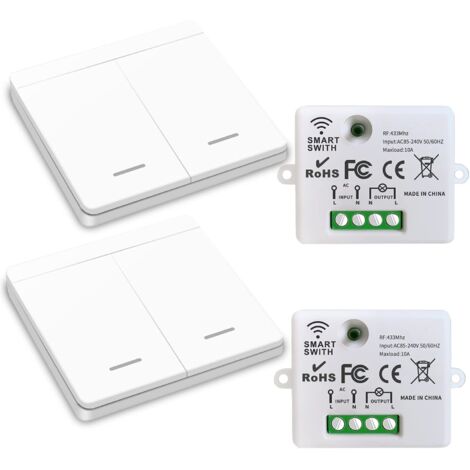 Wireless Light Switch, RF Transmitter Safety Switch and 10A Receiver Controller, Easy Installation for Lamp up to 1500W/2 Receivers and 2 Switches