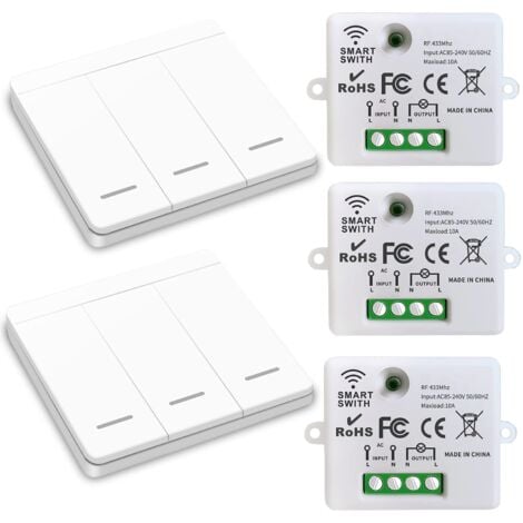 Wireless Light Switch, RF Transmitter Safety Switch and 10A Receiver Controller, Easy Installation for Lamp up to 1500W/ 3 Receivers and 2 Switches