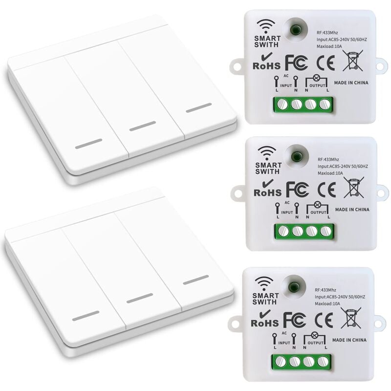 Wireless Light Switch, rf Transmitter Safety Switch and 10A Receiver Controller, Easy Installation for Lamp up to 1500W/ 3 Receivers and 2 Switches