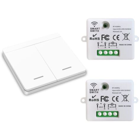 Wireless light switch, RF transmitter safety switch and 10A receiver controller, easy installation for lamps up to 1500W