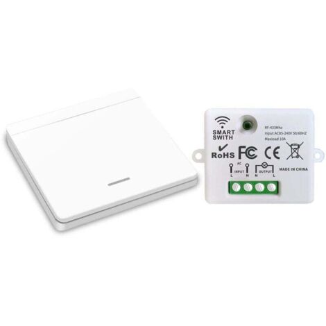 Wireless light switch, RF transmitter safety switch and 10A receiver controller, easy installation for lamps up to 1500W