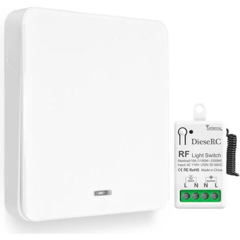 Wireless Light Switch, RF Transmitter Switch for Type 86 Wall Panel and 10A Relay Controller-Receiver, for Lights Up to 1500W