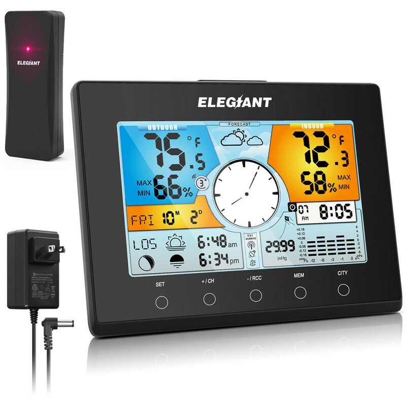 Wireless Stazione Meteo, Termometro Digitale per Esterni, Monitor Igrometro con Sensore, Tempo Automatico (WWVB), Schermo LCD a Colori, Meteo