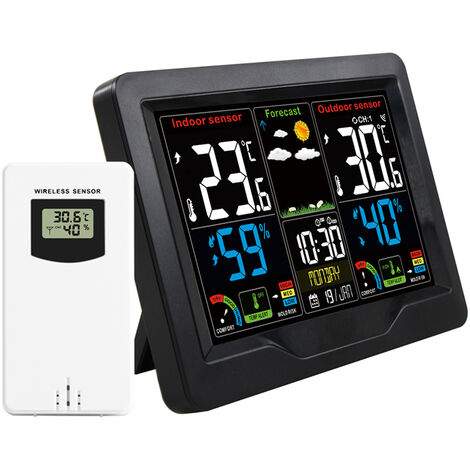 main image of "Wireless Weather Forecast Station Clock RF Indoor Outdoor Color Screen Clock with RF Transmitter Digital Temperature and Humidity Detection Electronic Table Clock with Alarm Snooze Mold Risk,model:Black"