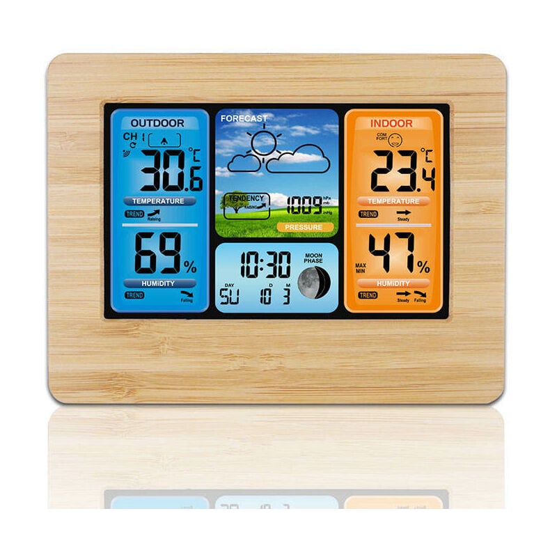 Wireless Weather Station Color Digital Weather Clock with Outdoor Sensor, Indoor Outdoor Thermometer Moon Phase Weather Clock with Date Temperature