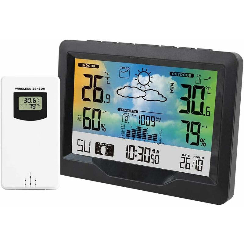 Wireless Weather Station, Electronic Alarm Clock Snooze Digital Thermometer Hygrometer with Outdoor Sensor, Large Colorful lcd Display/Weather