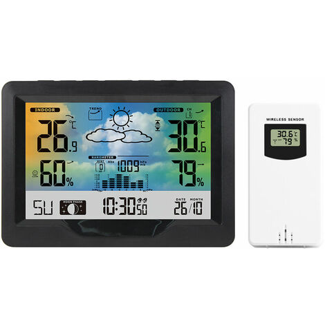 KKmoon Multi-functional Wireless Weather Station Color LCD Weather Forecast  Clock Indoor Outdoor Thermometer Hygrometer Barometer with USB 1A Output  Backlight Snooze Air Pressure Moon Phase Alarm Clock Calendar Function