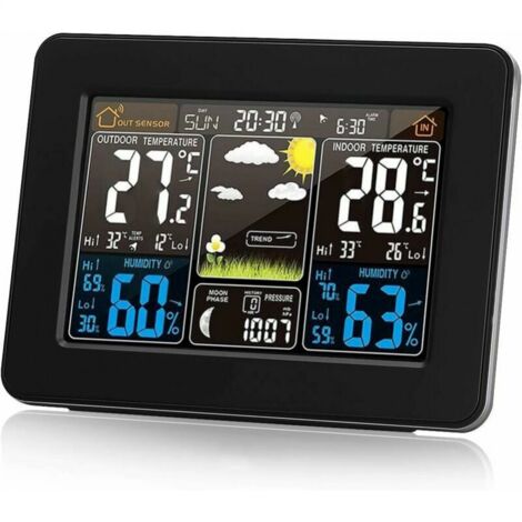 Wireless Weather Station with Alert and Temperature/Humidity/Barometer/Alarm/Moon Clock/Weather with Outdoor Sensor Digital Color Display PT3365