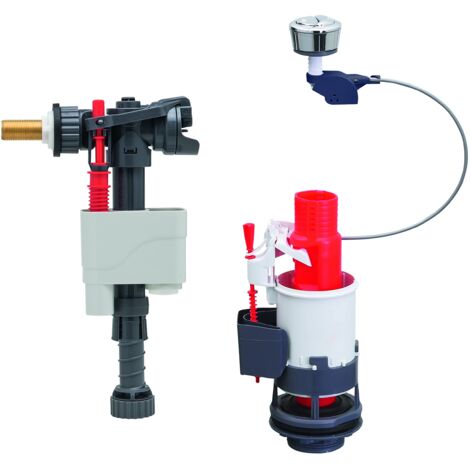 Wirquin 10723598 Caccia d'acqua wc completo meccanismo wc doppio caccia MW2 & rubinetto galleggiante a doppia alimentazione Doblo, grigio e rosso