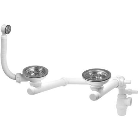 Wirquin 30723182 30723182-Set Completo di piletta e sifone per lavello 2 vasche con troppopieno Rettangolare e Presa Lavatrice, Cromato e Bianco