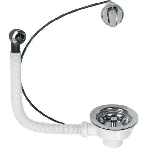 Wirquin – Bonde évier 90mm à panier – Bonde avec trop-plein extérieur – Commande à câble – Plastique et métal – Compatible éviers inox et grès